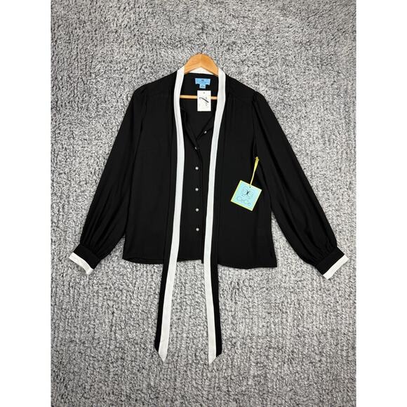 Cece Long Sleeve Button Down Shirt Sheer Black and White Pearl Accents Sz Small - Picture 2 of 11